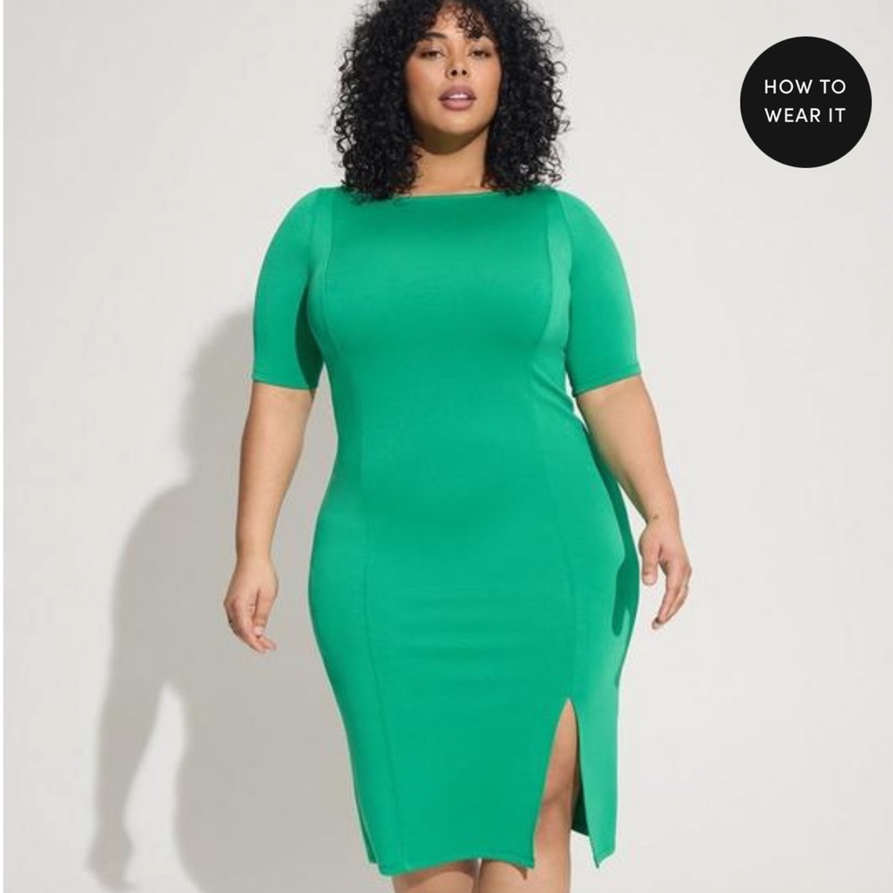 Torrid studio midi body con dress , side slit ( green ) NWT , size 5 .